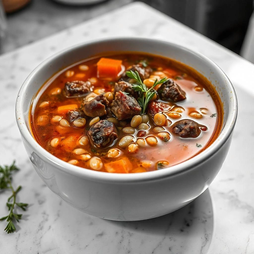 A bowl of homemade beef barley soup with beef, carrots, barley, and beans in a savory broth, garnished with fresh herbs