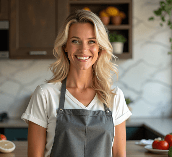 "Smiling woman wearing a gray apron in a cozy kitchen, with fresh vegetables visible in the background."