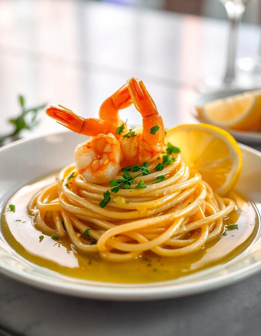 A plate of spaghetti with shrimp, drizzled in olive oil, garnished with fresh parsley and lemon wedges