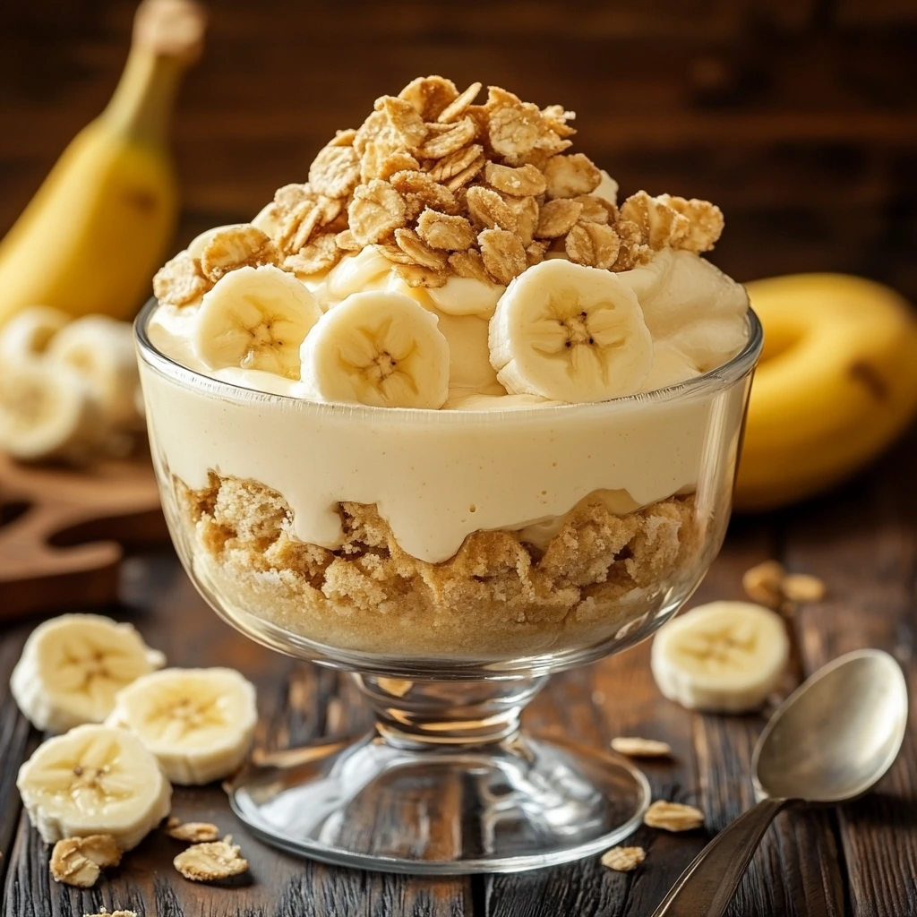 A bowl of banana pudding layered with banana slices, granola, and creamy custard