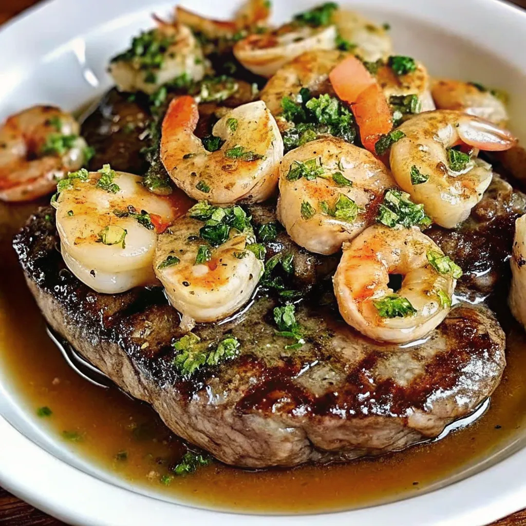 "Juicy grilled steak topped with golden shrimp and vibrant chimichurri sauce, served in a white bowl with a rich sauce drizzle."