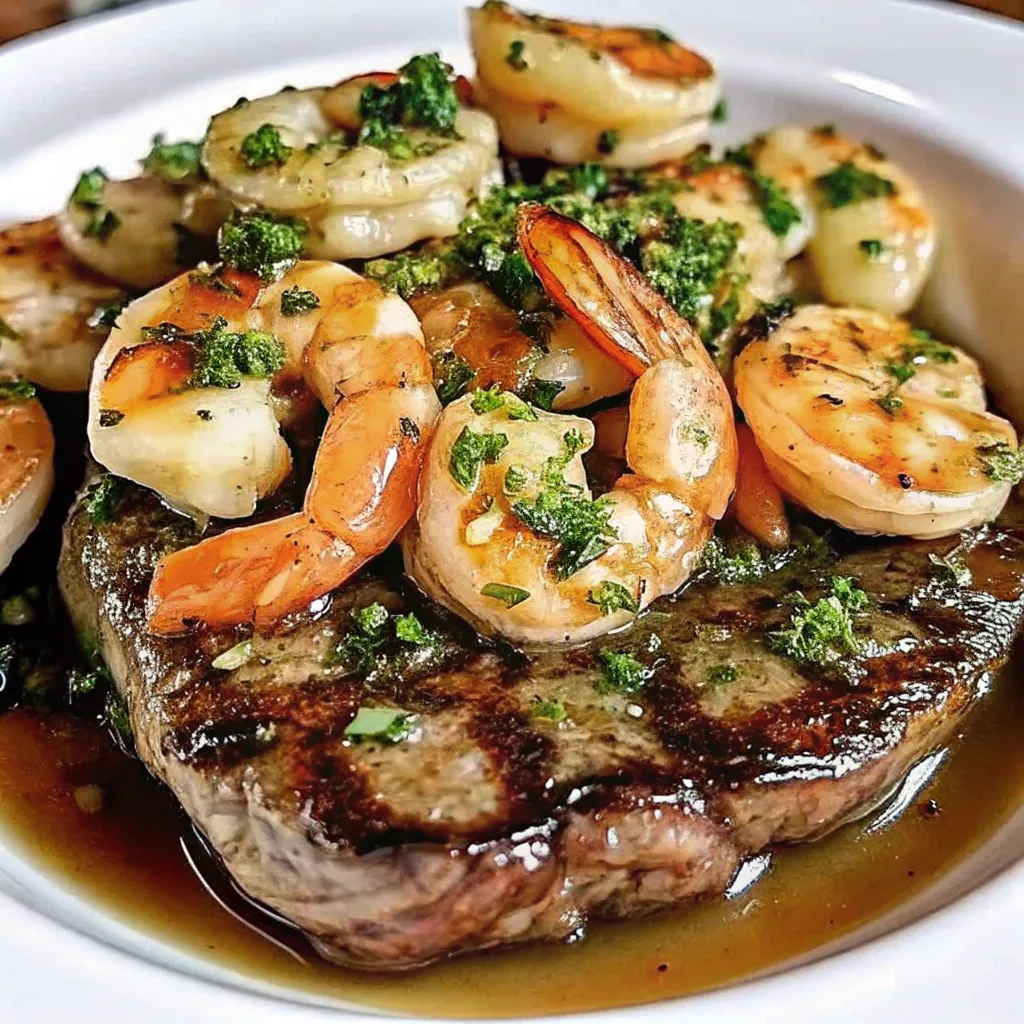 "Grilled steak topped with juicy shrimp and vibrant chimichurri sauce, served in a white dish with a flavorful sauce."