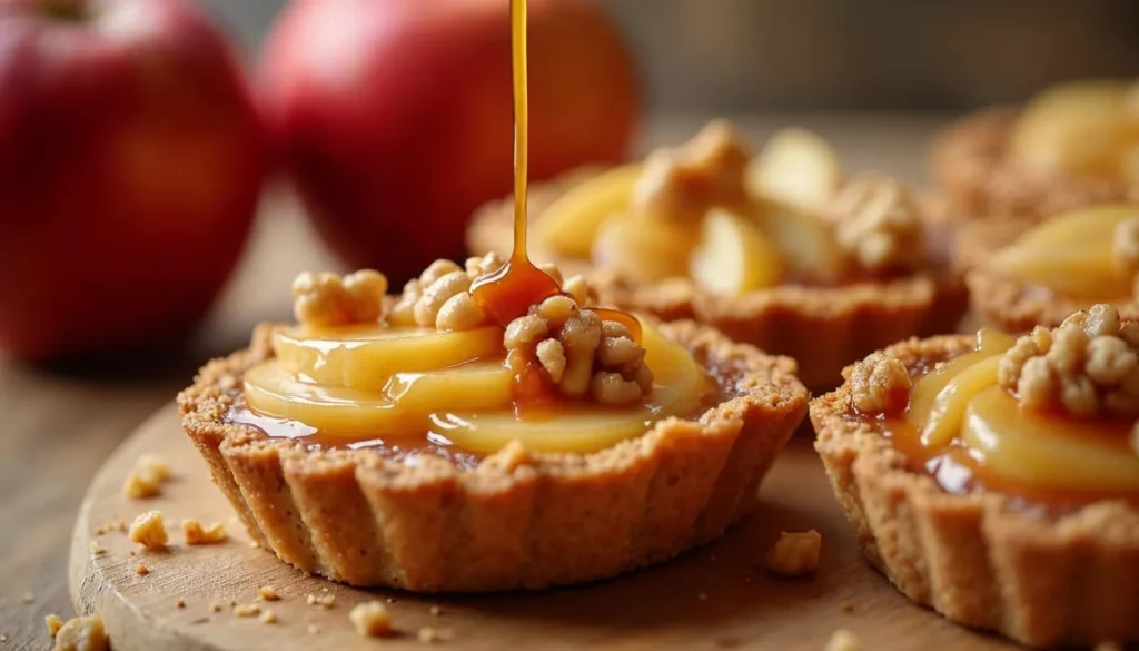 Caramel being drizzled over apple slices and walnuts in a tartlet shell on a rustic wooden board