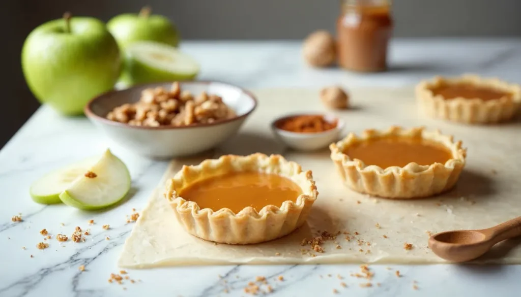 Fresh green apples, caramel sauce, and walnuts displayed on a marble countertop for tartlet preparation