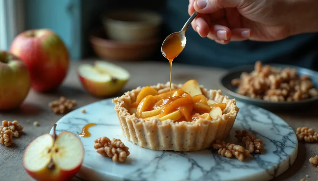 Close-up of a tartlet being filled with spiced apple slices and drizzled with caramel