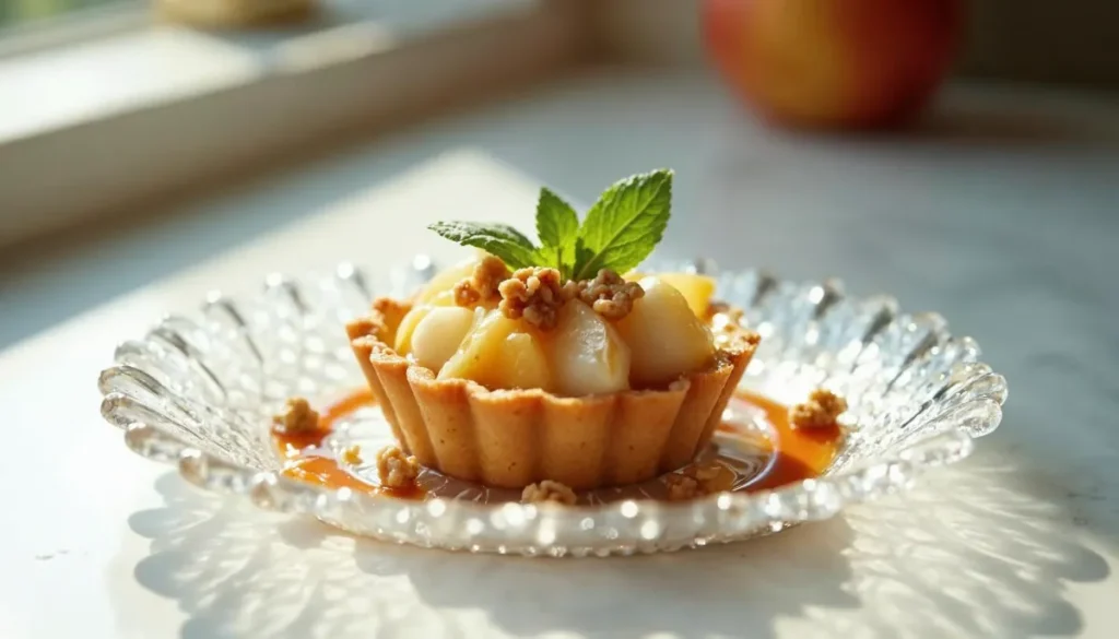 Apple tartlet plated in a crystal dish, garnished with mint and surrounded by caramel and walnut crumbs