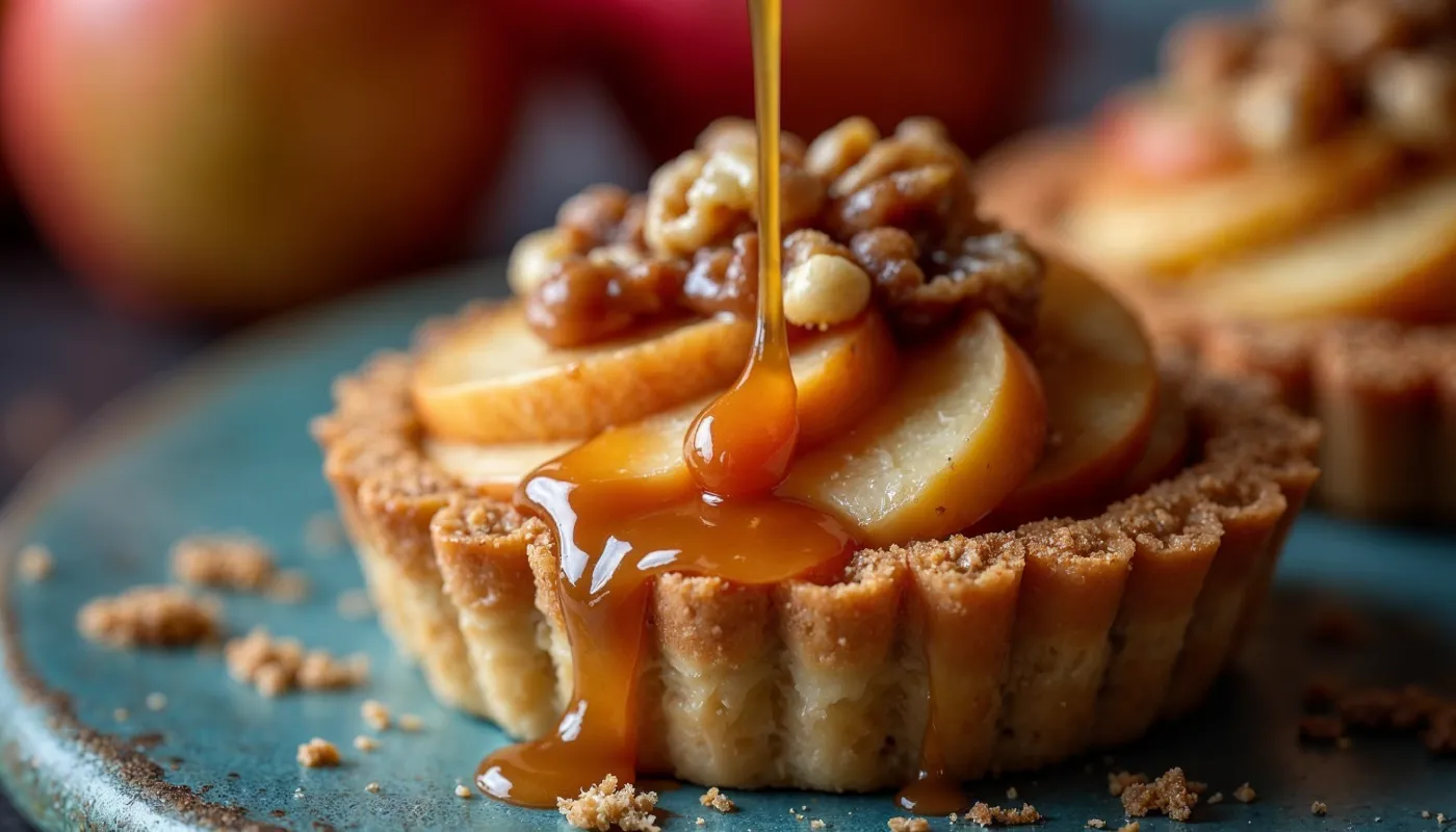 Golden apple tartlet with caramel drizzle and walnut topping, served on a white plate