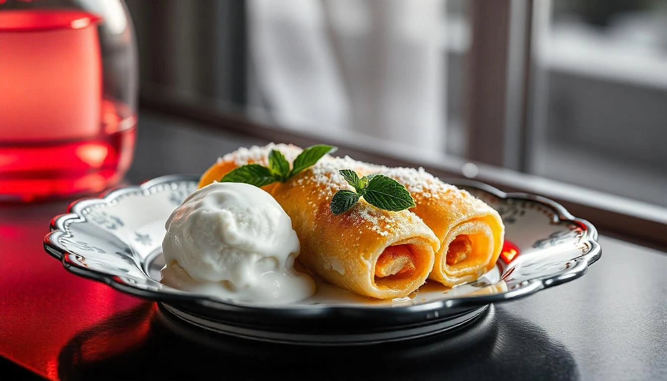 A plate with three apple pie egg rolls, a scoop of vanilla ice cream, and a sprig of mint