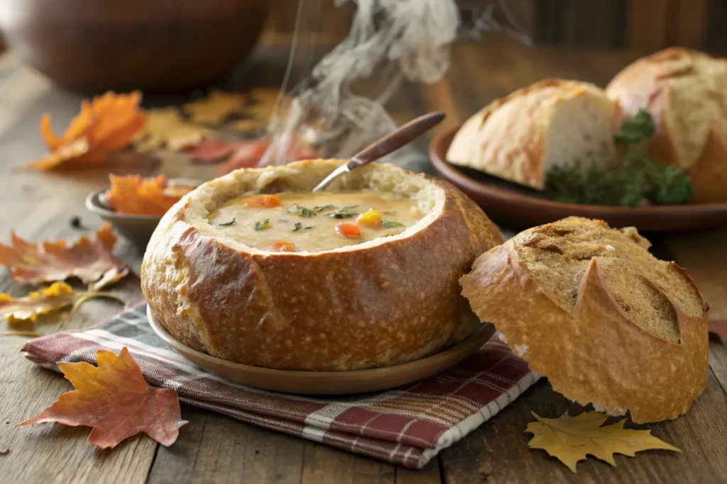 A delicious bowl of hearty soup served in a crusty bread bowl, garnished with fresh herbs and vegetables, with steaming warmth and autumn leaves in the background.