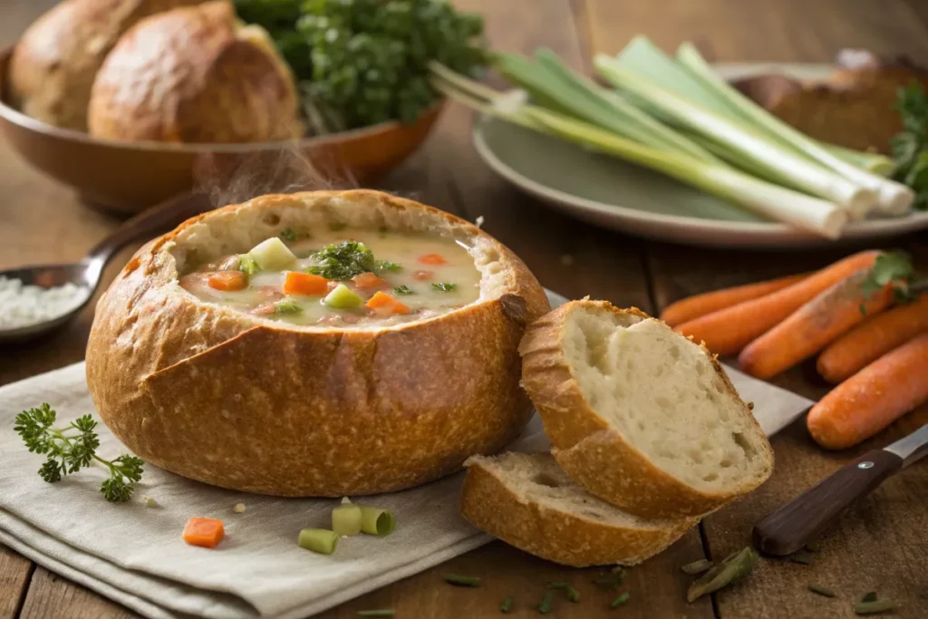 A steaming bowl of vegetable soup served inside a rustic bread bowl, garnished with fresh parsley and green onions, with slices of bread on the side, set on a rustic wooden table.