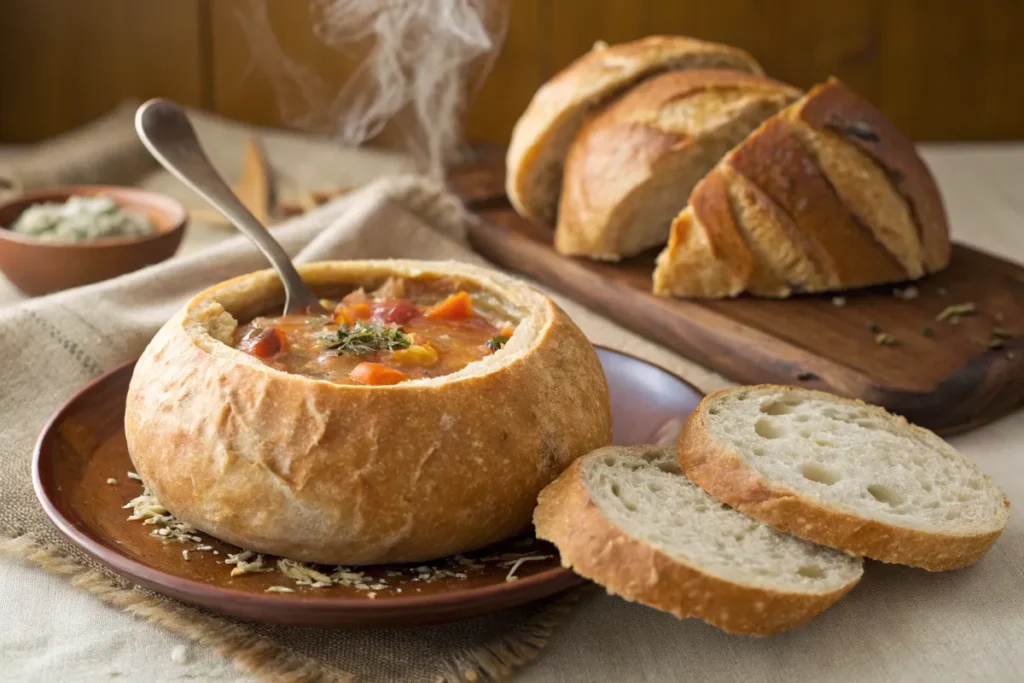 A hearty vegetable soup served in a rustic bread bowl, with steaming broth, carrots, and herbs, accompanied by slices of fresh bread, captured in natural lighting.