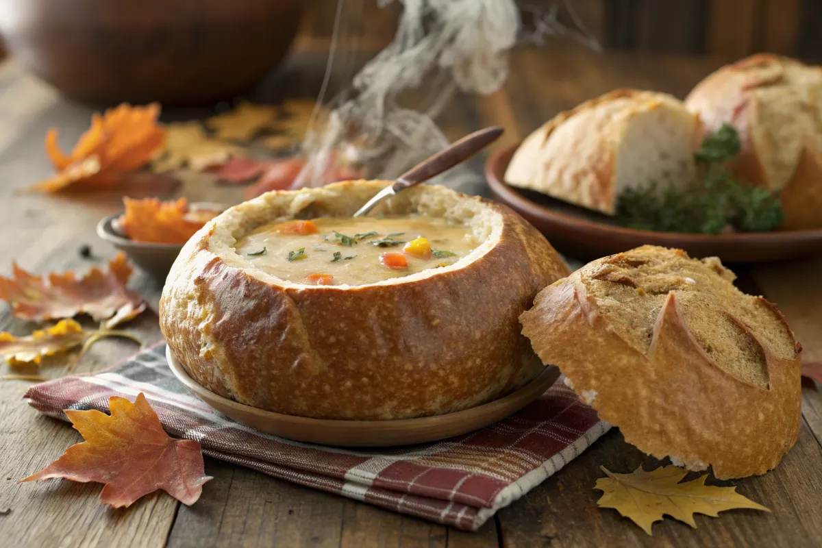 A delicious bowl of hearty soup served in a crusty bread bowl, garnished with fresh herbs and vegetables, with steaming warmth and autumn leaves in the background.