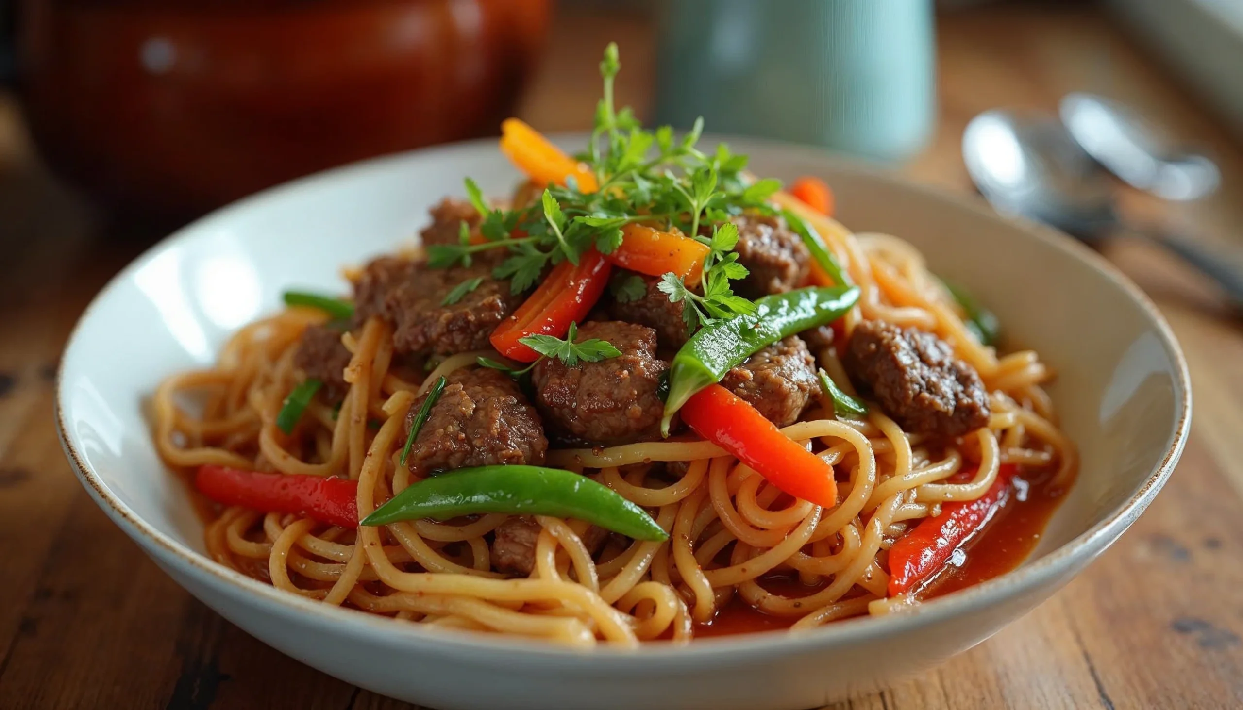 A delicious bowl of stir-fry with tender beef, vibrant vegetables, and noodles, garnished with fresh herbs.