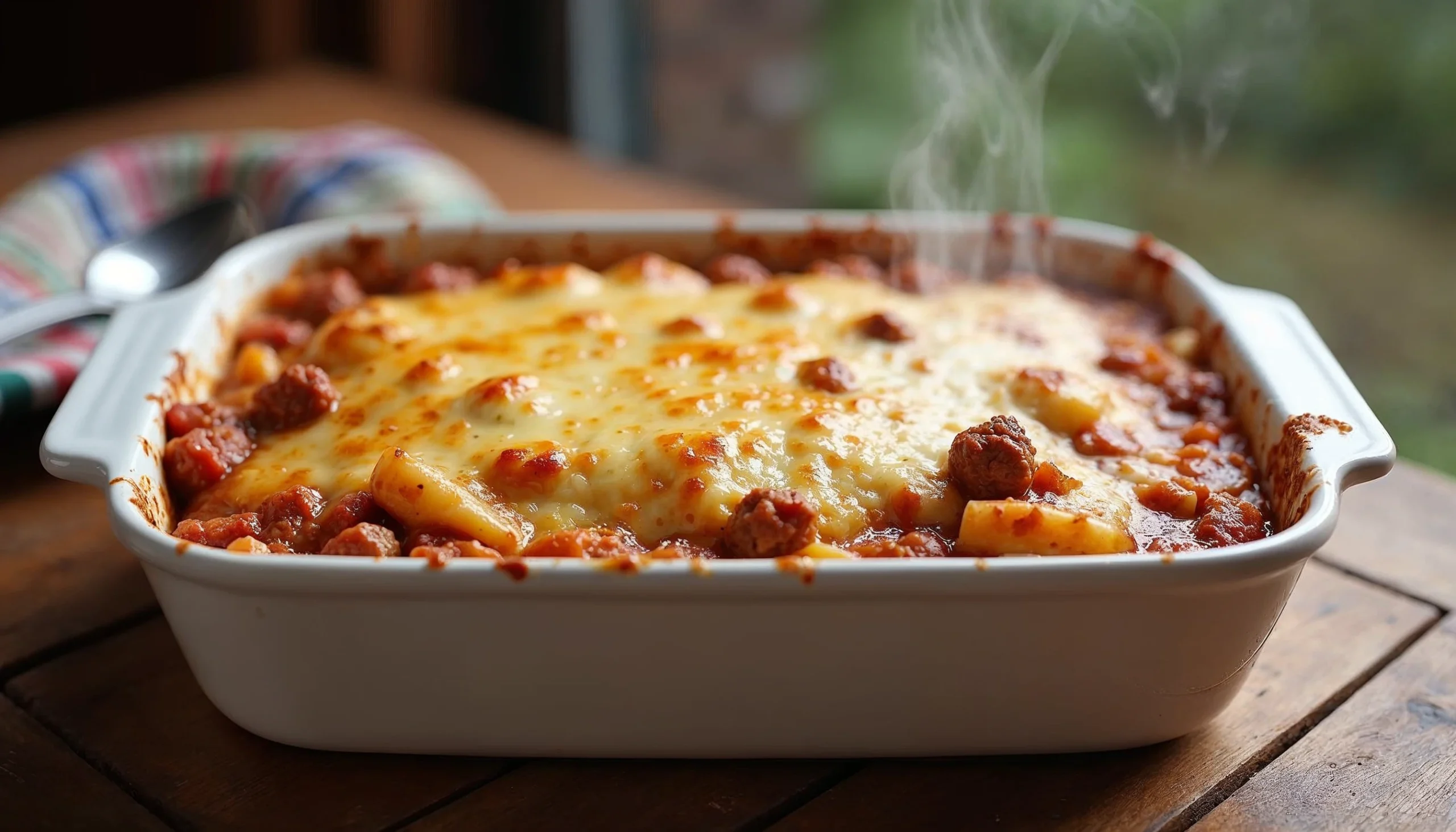 A baking dish filled with baked pasta, sausage, and melted cheese, fresh out of the oven