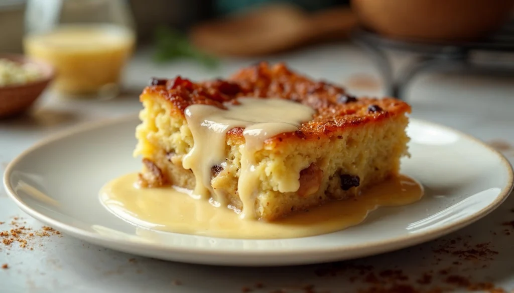 A close-up shot of a serving of bread pudding drizzled with vanilla sauce, featuring raisins and a golden-brown top.