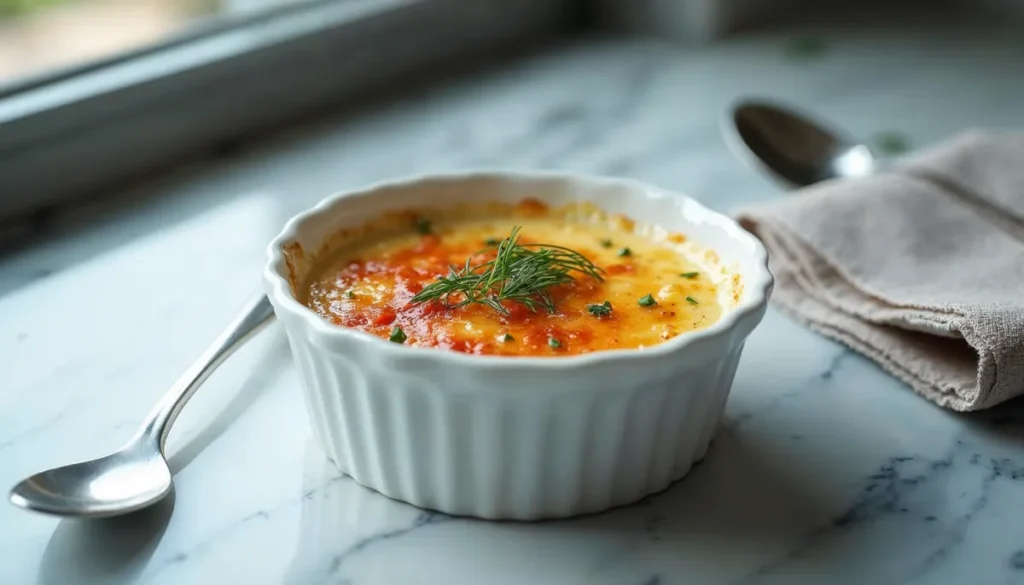 A close-up of a partially prepared crab brulee in a white fluted ramekin, garnished with fresh dill, placed on a marble countertop with a silver spoon and linen napkin nearby.