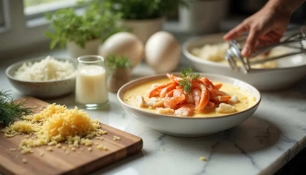 A vibrant preparation scene for crab brulee featuring fresh crab, grated cheese, heavy cream, and eggs on a marble countertop with natural lighting.