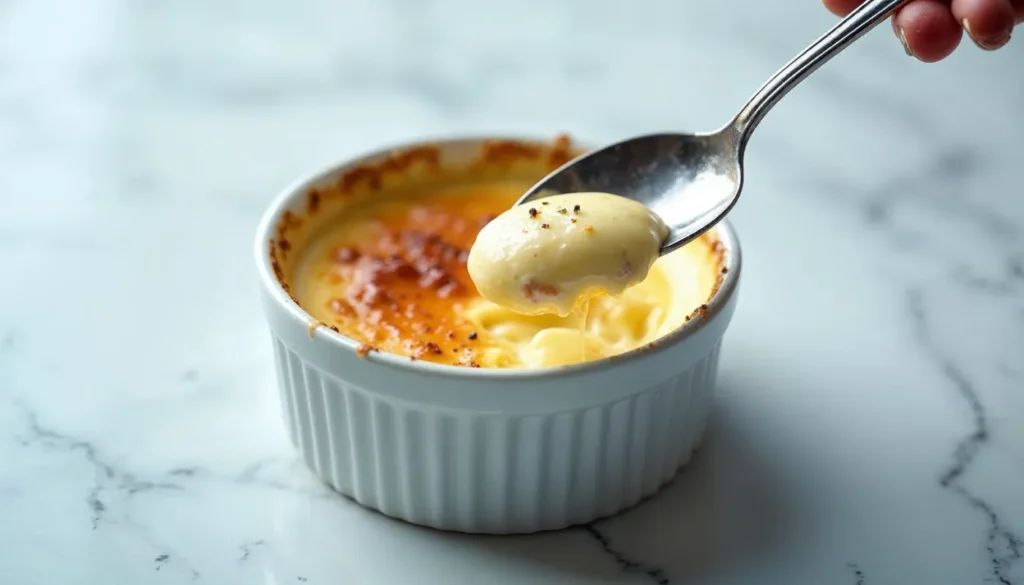 A spoonful of creamy crab brulee lifted from a ramekin with a caramelized golden crust, sitting on a marble countertop.