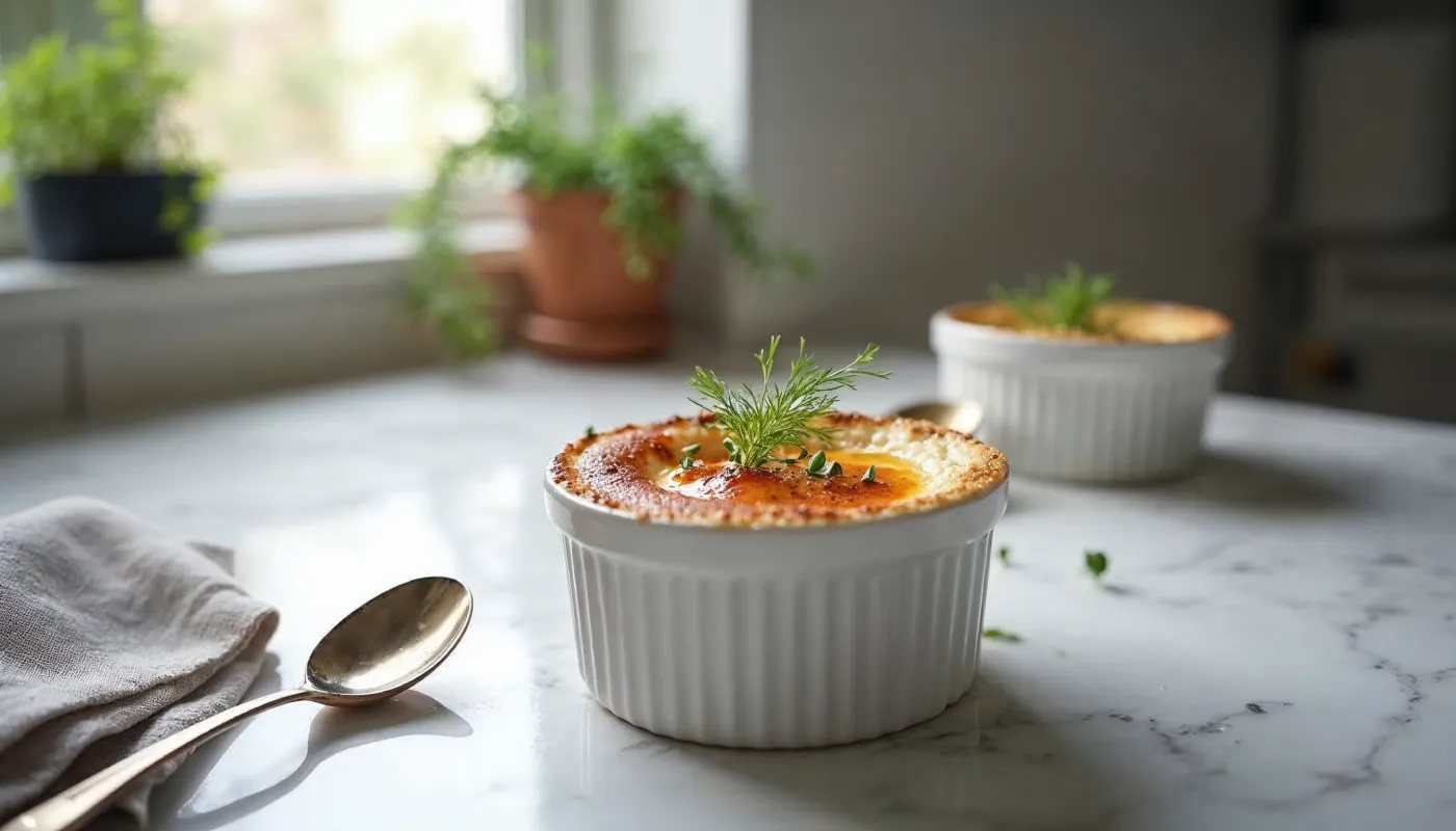 A beautifully caramelized crab brulee served in a white ramekin, garnished with fresh dill, placed on a marble countertop in a well-lit kitchen.