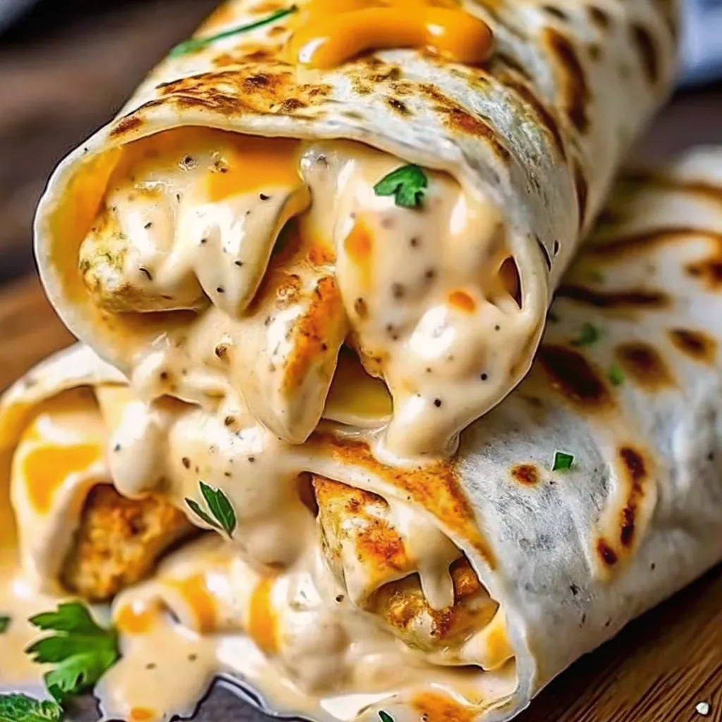 Close-up image of cheesy garlic chicken wraps showing melted cheese, golden tortilla, and creamy filling with fresh parsley garnish.