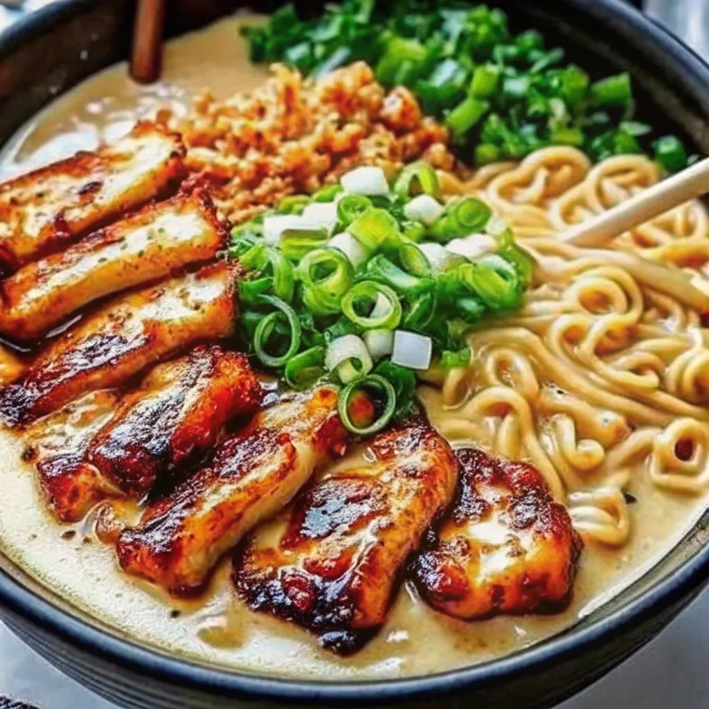 A close-up view of a bowl of Fiery Chicken Garlic Ramen with grilled chicken slices, green onions, and creamy noodles.