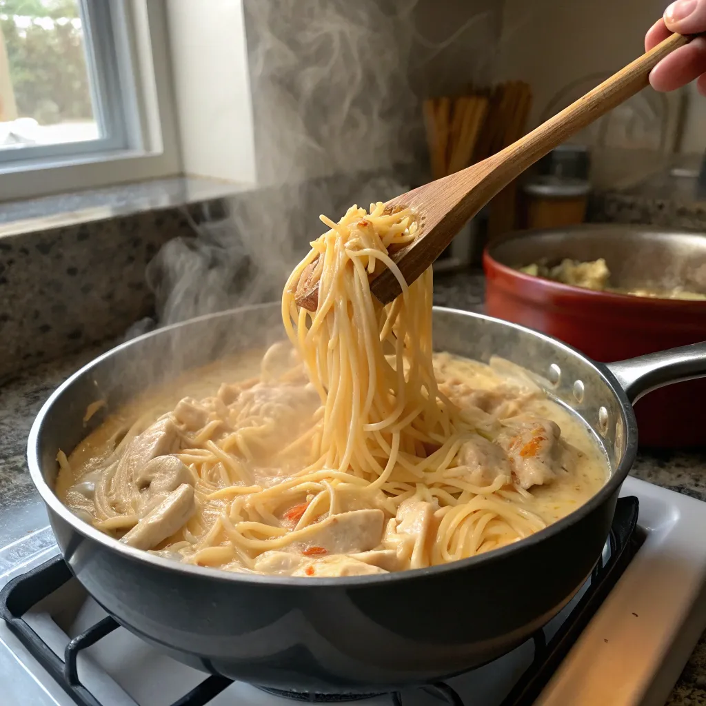 A pot of creamy chicken spaghetti cooking on a stovetop, with steam rising as a wooden spoon lifts the pasta.