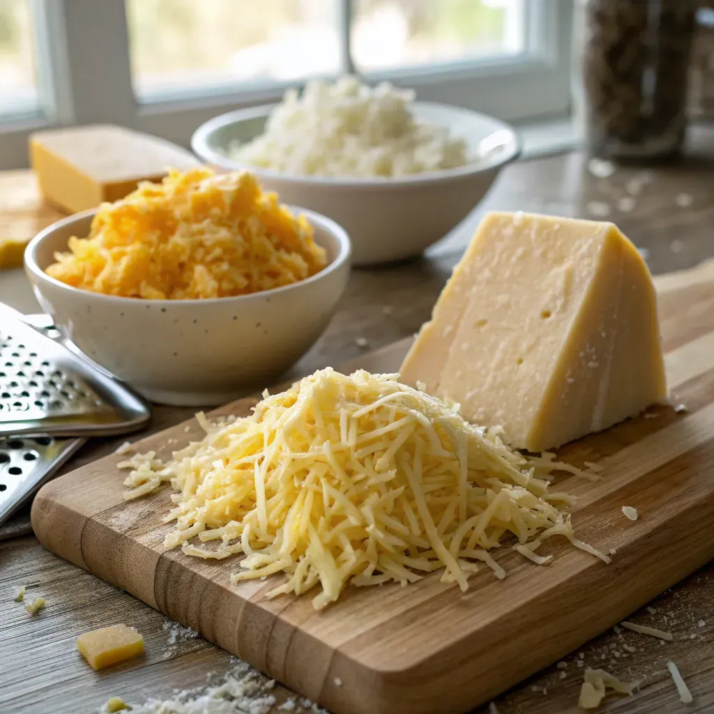 A close-up of grated cheddar, mozzarella, and Parmesan cheese on a wooden board, with a grater and cheese block nearby.