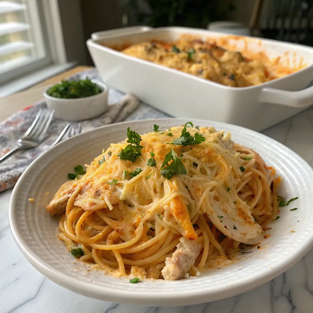 A plate of baked chicken spaghetti garnished with parsley, served in front of a casserole dish with the remaining spaghetti.