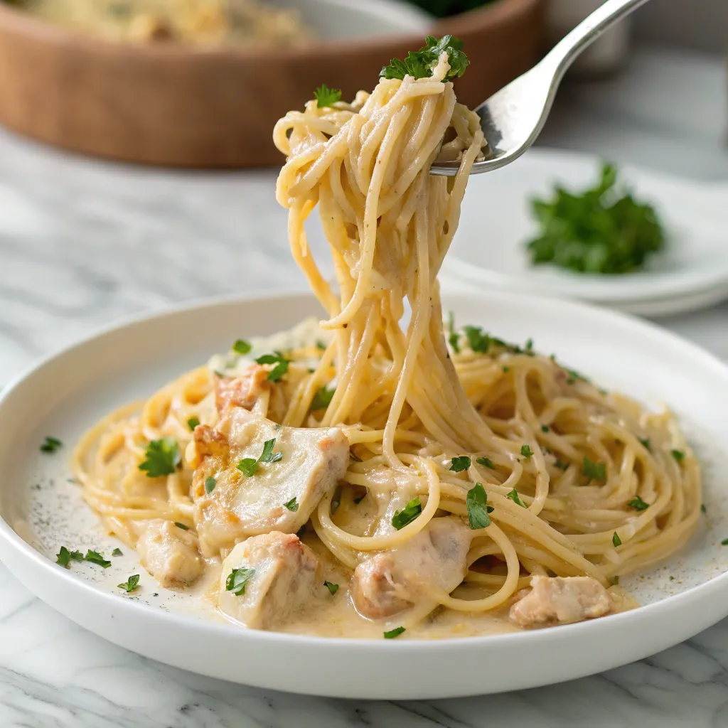 A close-up view of creamy chicken spaghetti served on a white plate, garnished with parsley and lifted by a fork.