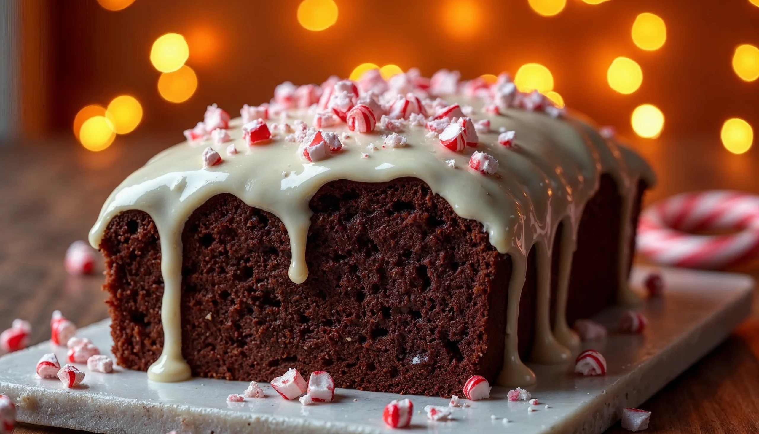 A peppermint loaf cake with white chocolate glaze and crushed peppermint on top.