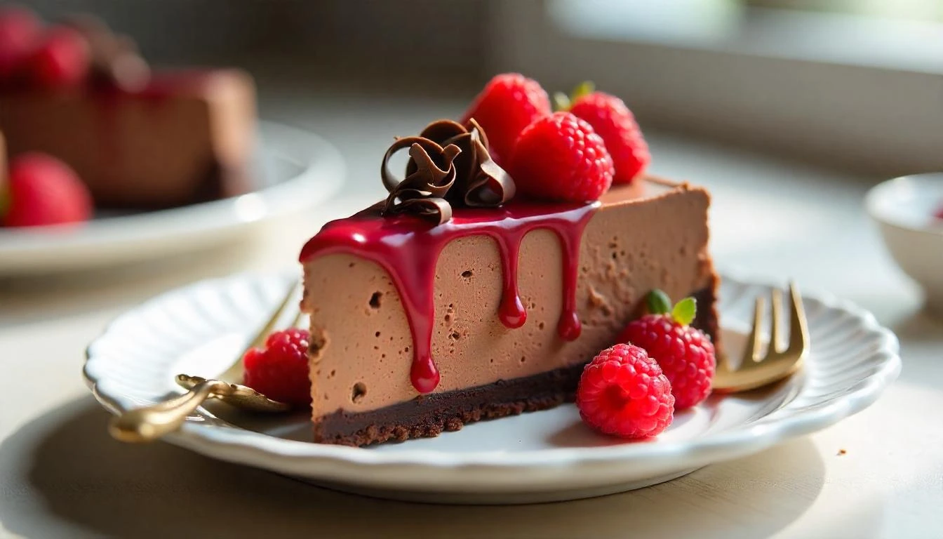 A slice of chocolate cheesecake topped with raspberry sauce, fresh raspberries, and chocolate curls on a white plate