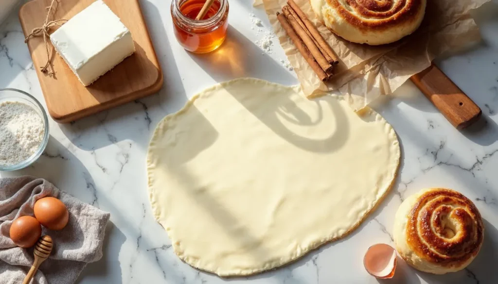 A flat-lay shot of ingredients for cinnamon roll honeybun cheesecake, including rolled dough, cream cheese, honey, cinnamon sticks, and eggs on a marble countertop.