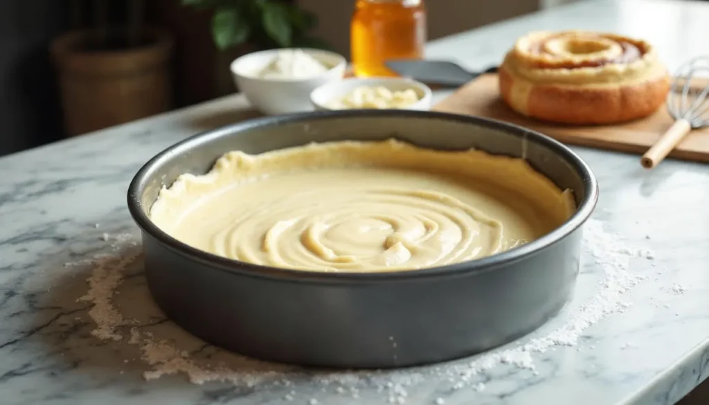 A springform pan filled with creamy cheesecake batter, ready to be baked, placed on a marble countertop with ingredients in the background.