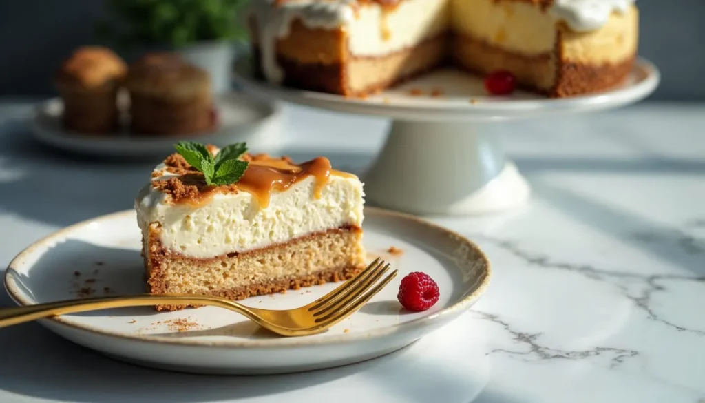 A single slice of cinnamon roll honeybun cheesecake on a white plate, topped with caramel drizzle and garnished with mint, placed next to a gold fork and a fresh raspberry.