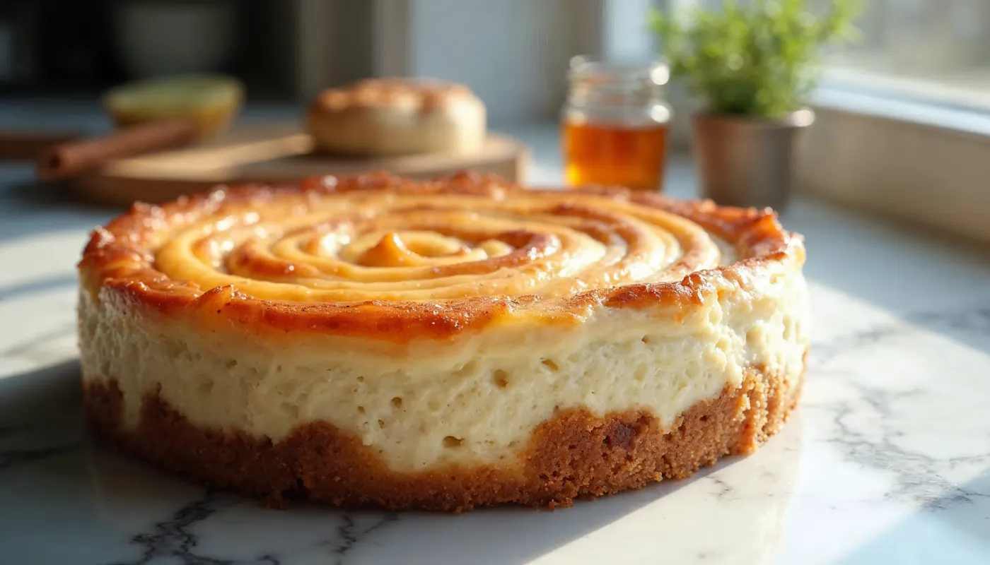 A freshly baked cinnamon roll honeybun cheesecake placed on a marble countertop, with natural lighting highlighting its creamy layers and golden swirl.