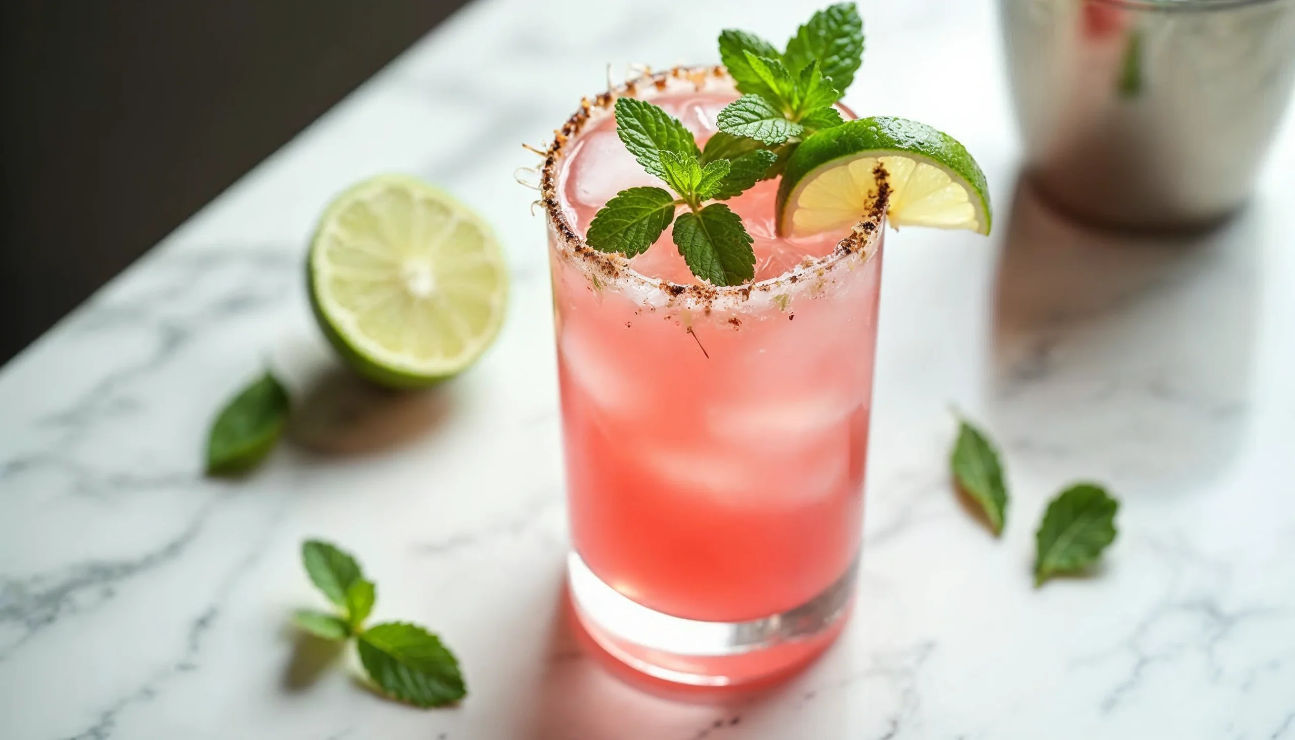 Pink Coconut Mojito in a tall glass with mint and lime garnish on a marble counter