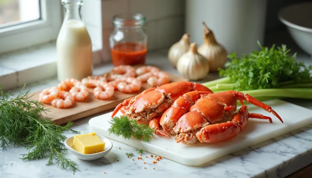 Fresh crab, shrimp, celery, garlic, butter, and dill arranged on a marble countertop, ready for making Crab and Shrimp Seafood Bisque.