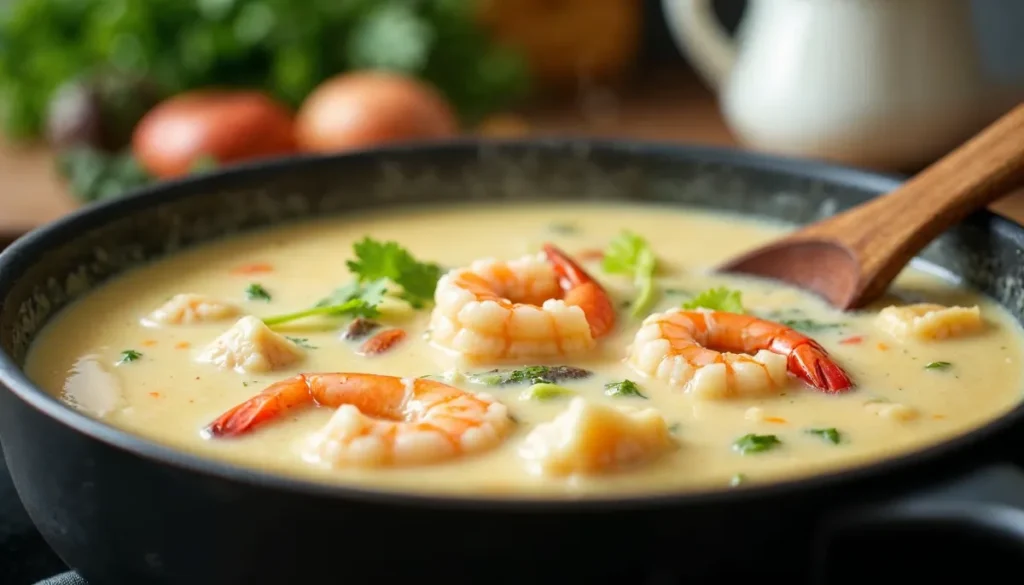 A pan of Crab and Shrimp Seafood Bisque with chunks of crab, shrimp, fresh herbs, and a wooden spoon on a kitchen countertop.