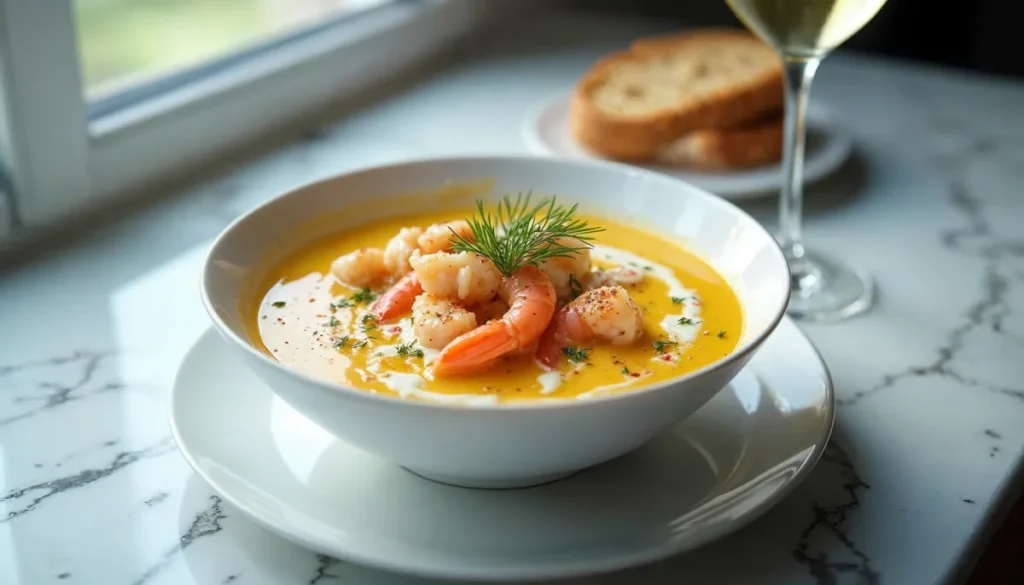 A white bowl of Crab and Shrimp Seafood Bisque garnished with fresh dill, surrounded by sliced bread and a glass of wine on a marble countertop.