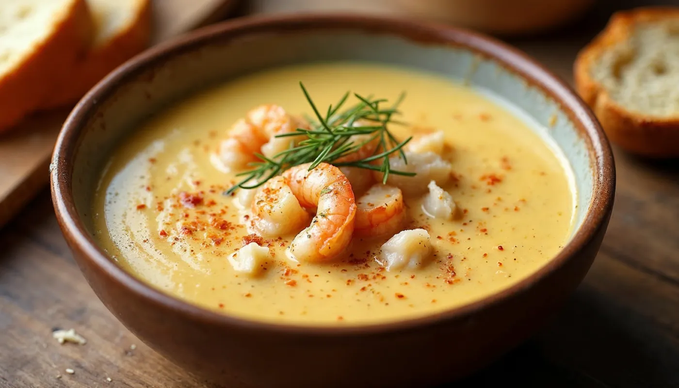 A creamy bowl of Crab and Shrimp Seafood Bisque garnished with fresh dill, shrimp, and a sprinkle of paprika, served with bread on a wooden table.