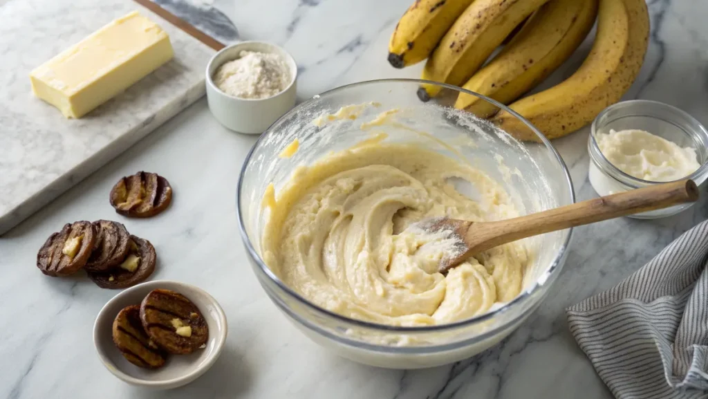 A mixing bowl with cream cheese banana bread batter and a wooden spoon, surrounded by ripe bananas, cream cheese, butter, and flour on a marble countertop.