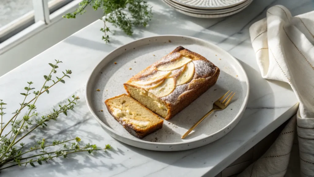 A beautifully plated cream cheese banana bread loaf on a ceramic plate with a slice removed, garnished with powdered sugar and apple slices.