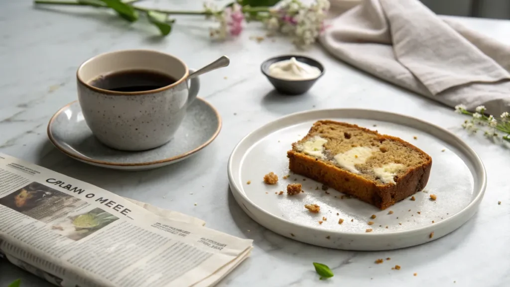 A slice of cream cheese banana bread on a modern ceramic plate, served with a cup of coffee, cream cheese, and a newspaper on a marble countertop.
