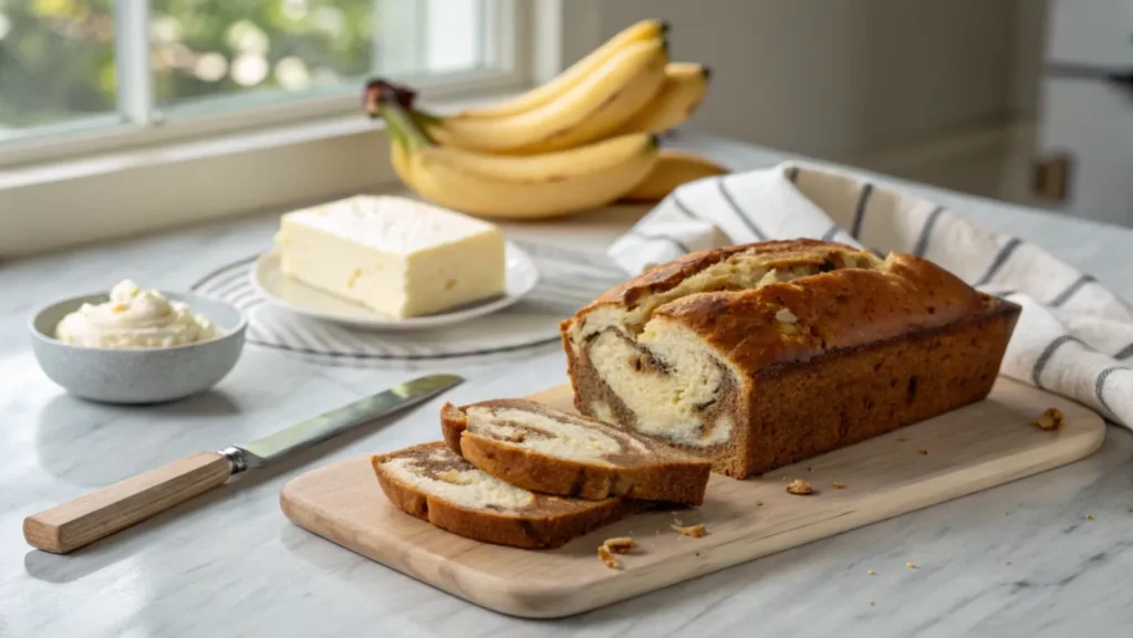 A loaf of cream cheese banana bread with creamy swirls, sliced on a wooden cutting board, surrounded by cream cheese, bananas, and a knife on a marble countertop.