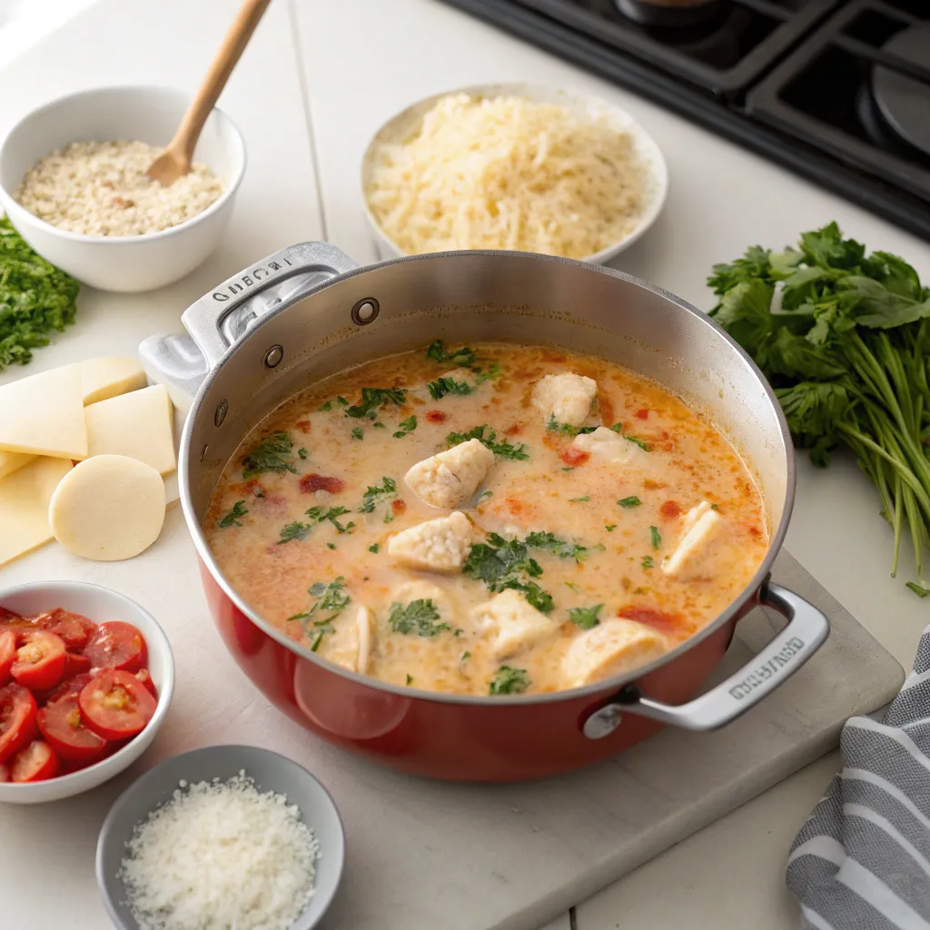 A pot of creamy chicken parmesan soup simmering on the stovetop, with chunks of chicken, tomatoes, and fresh herbs, surrounded by ingredients like shredded cheese, tomatoes, and parsley.