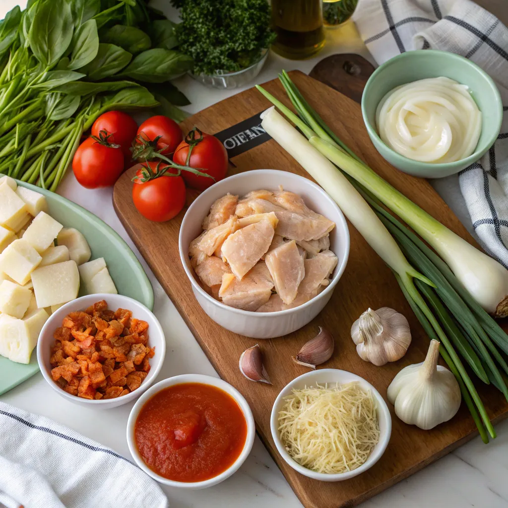 A wooden cutting board displaying ingredients for creamy chicken parmesan soup, including cooked chicken, fresh tomatoes, garlic, onions, cheese, tomato sauce, and herbs.