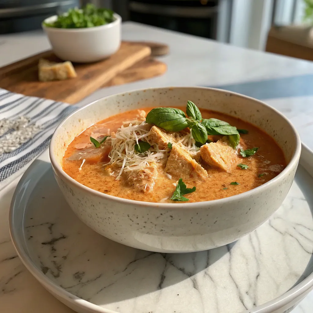 A bowl of creamy chicken parmesan soup topped with shredded cheese, crispy croutons, and fresh basil, served on a marble countertop with a cutting board and herbs in the background.