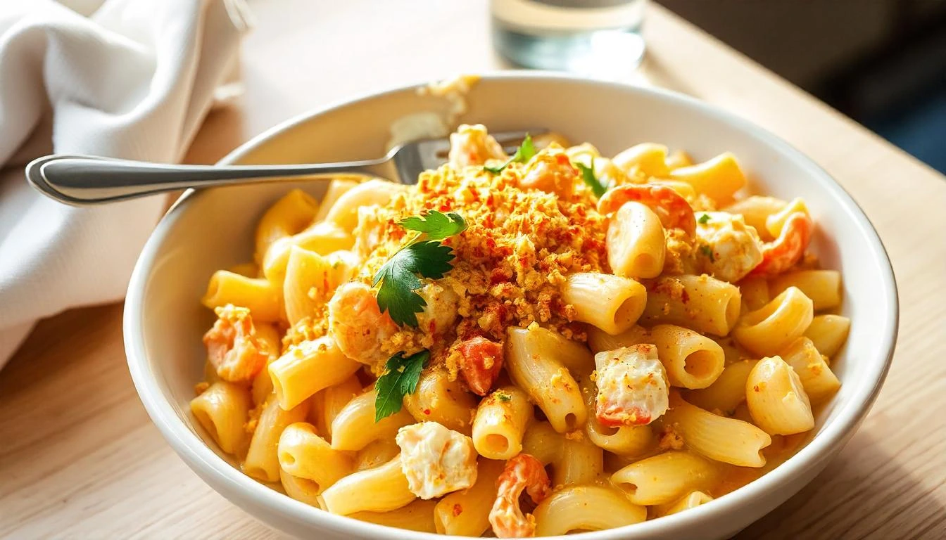 A bowl of creamy lobster mac and cheese with pasta, lobster chunks, and a sprinkle of paprika and fresh herbs