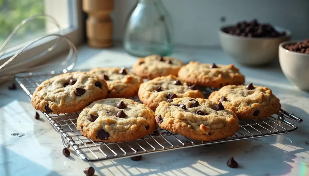 Freshly baked Crumbl cookies cooling on a rack, showcasing their soft, gooey centers and golden brown edges.