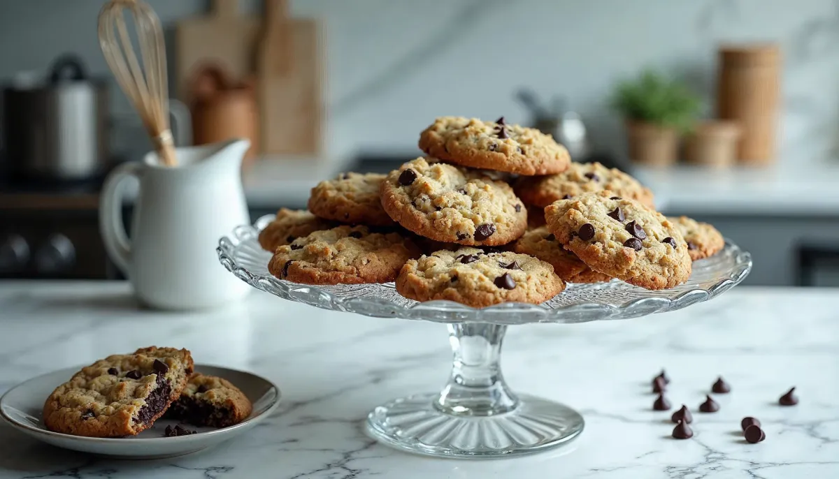 Crumbl chocolate chip cookies stacked on a glass stand, highlighting their bakery-style texture and rich chocolate flavor.